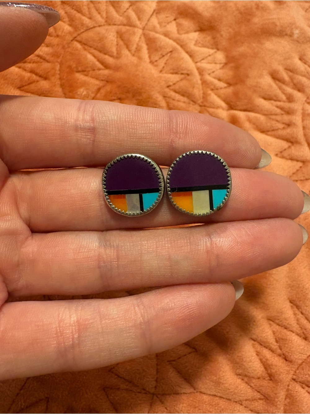 Multicolor Geometric Inlay Round Stud Earrings - Purple, Turquoise & Orange